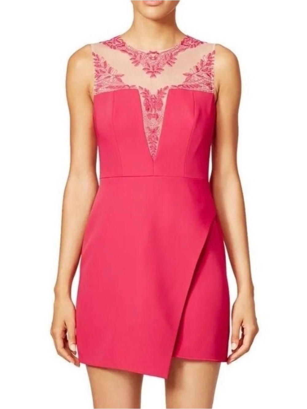 BCBGMaxAzria Kinsley Pink Lace-Trim Illusion Mini Dress